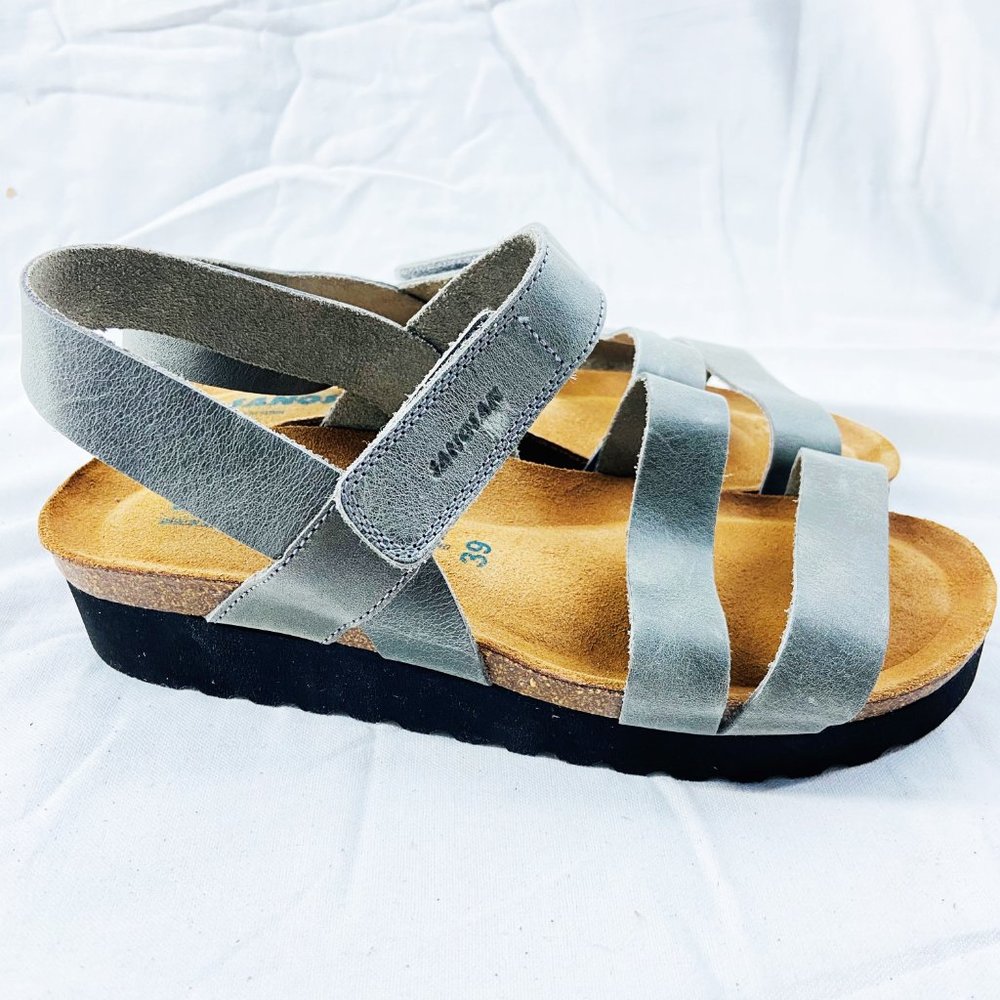Sanosan Gray Strappy Leather Wedge Sandals
